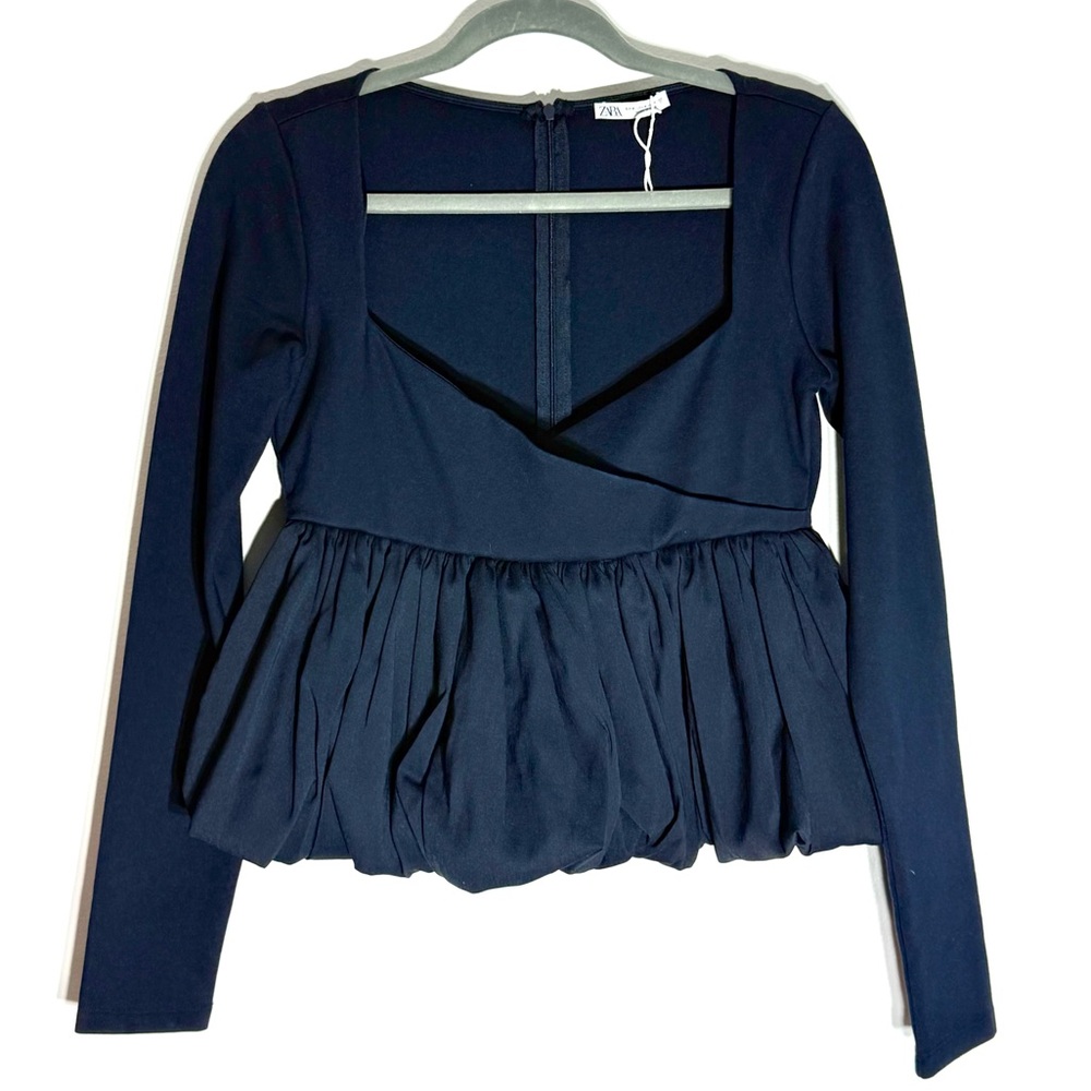 Zara Navy Cropped Peplum Blouse
